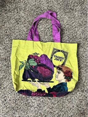 Trader Joe's Vintage Style Canvas Tote Bag with Fruit Lady Print